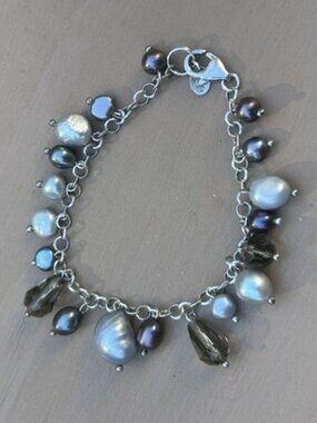 LUCAS LAMETH 925 Silver Baroque Pearl Smoky Quartz Beaded BRACELET